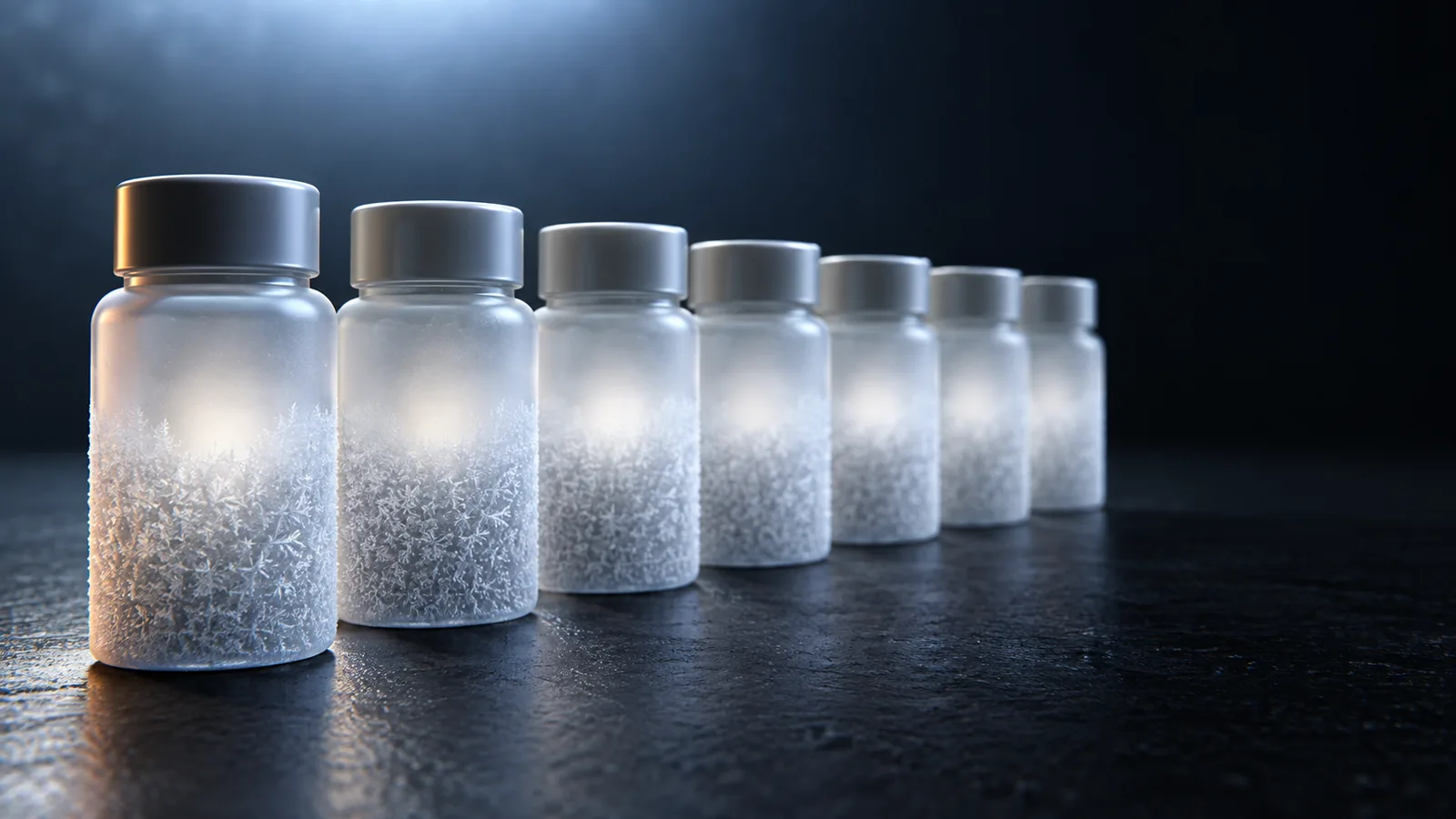 Conceptual image of a row of small, plain cylindrical containers with a light coating of frost, on a dark background
