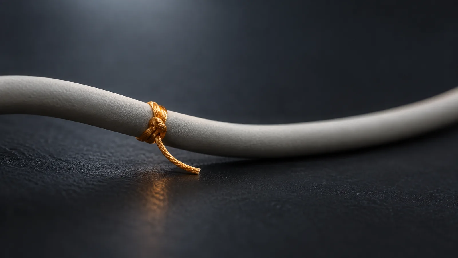 Abstract conceptual image of a thick, smooth cord lying on a dark surface with a single thin thread tied to it at one point