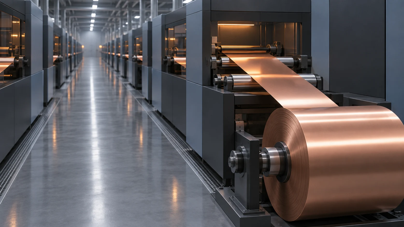 Conceptual image of a dry-air production bay with foil-handling equipment standing quietly in line