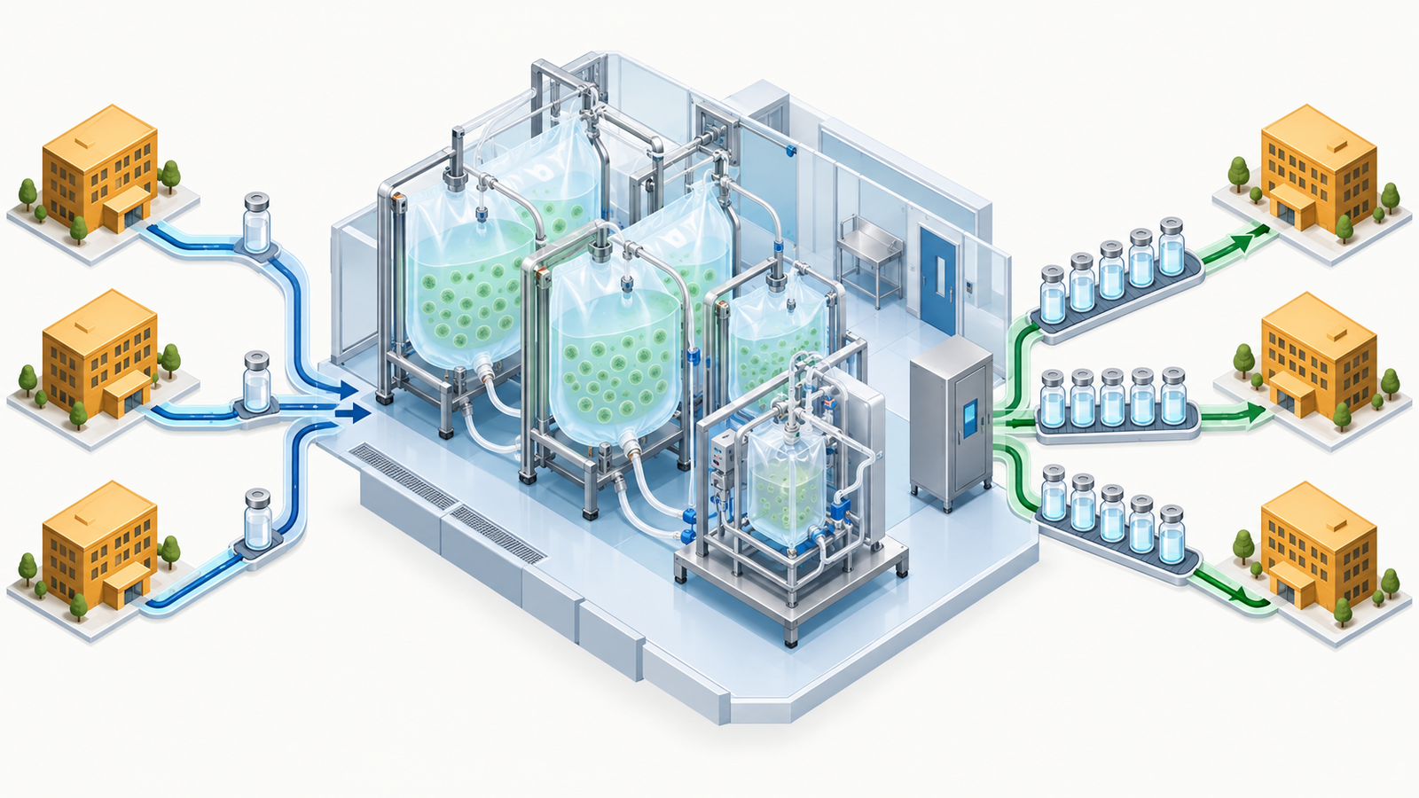 Concept diagram: contract manufacturing in which cells entrusted by a pharmaceutical company are grown in single-use culture bags and turned into medicine