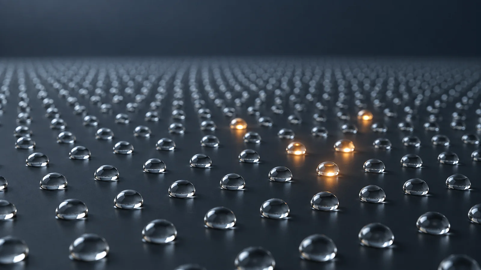 On the dark surface, small transparent droplets are arranged innumerously in the correct grid, and only some are soft and shining abstract concept images