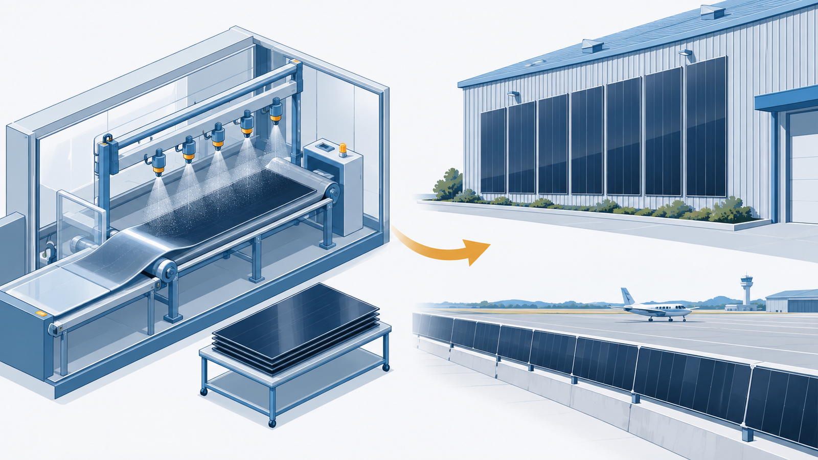 Concept diagram: the active layer sprayed onto thin glass panels, with finished panels lined up on a factory wall and at an airport facility