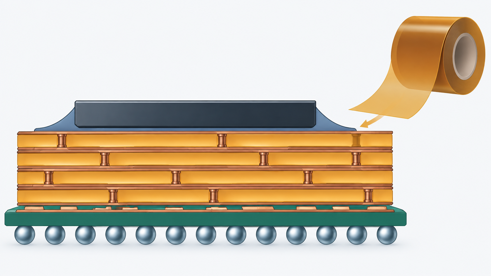 Concept diagram showing a cross-section of a package substrate with insulating film stacked between the wiring layers (AI-generated concept image)