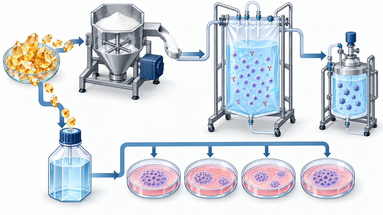 Concept diagram: media made from amino acid crystals, flowing to the culture of both antibody-producing cells and iPS cells
