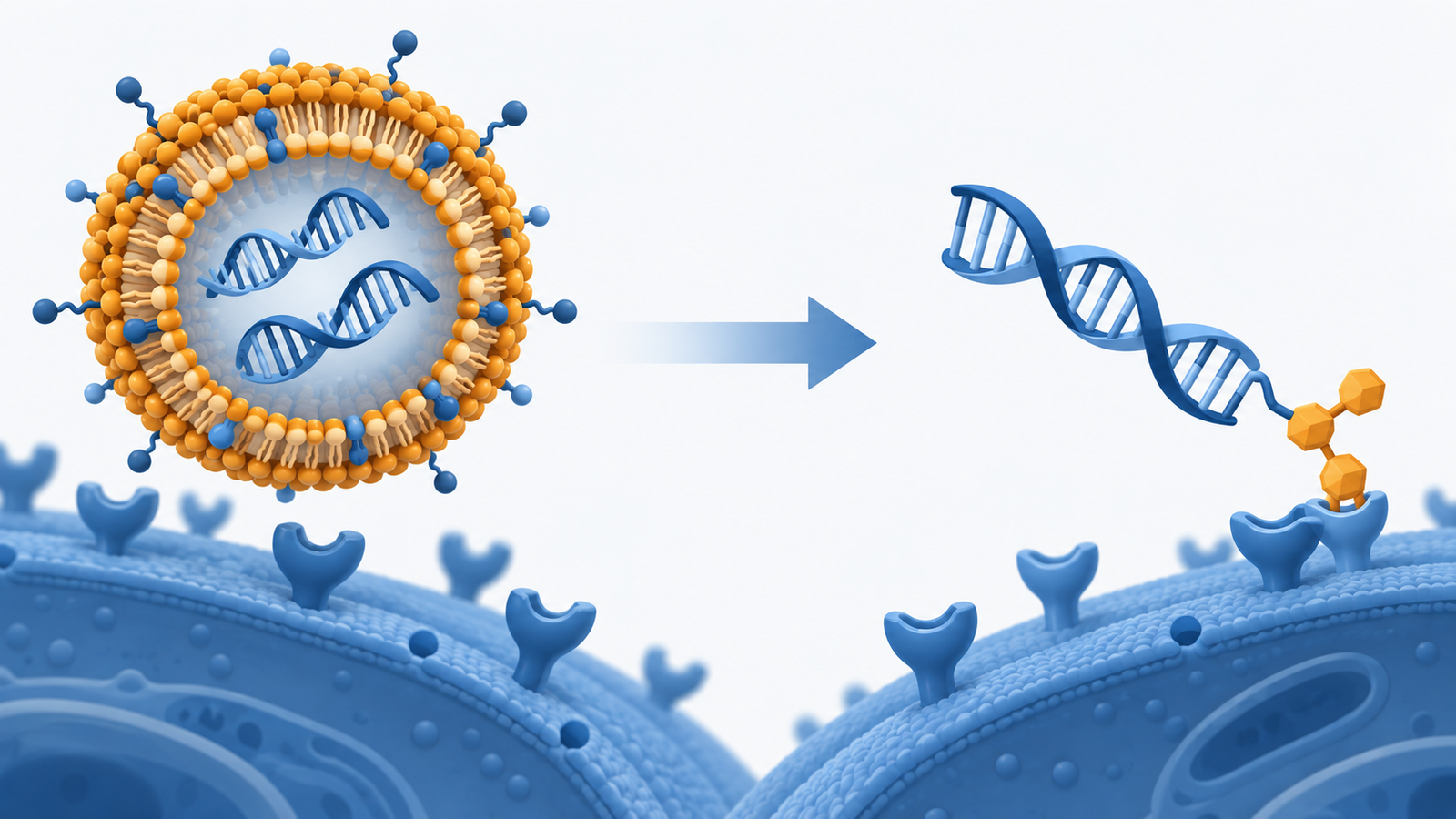 Conceptual diagram: Nucleic acids wrapped in lipid particles and naked nucleic acids with three layers of sugar head to the cells of the liver
