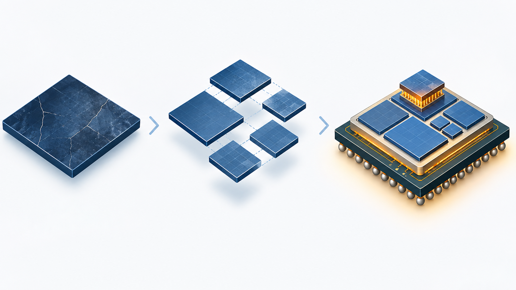 Concept diagram showing one large die split up and reassembled inside the package (AI-generated concept image)