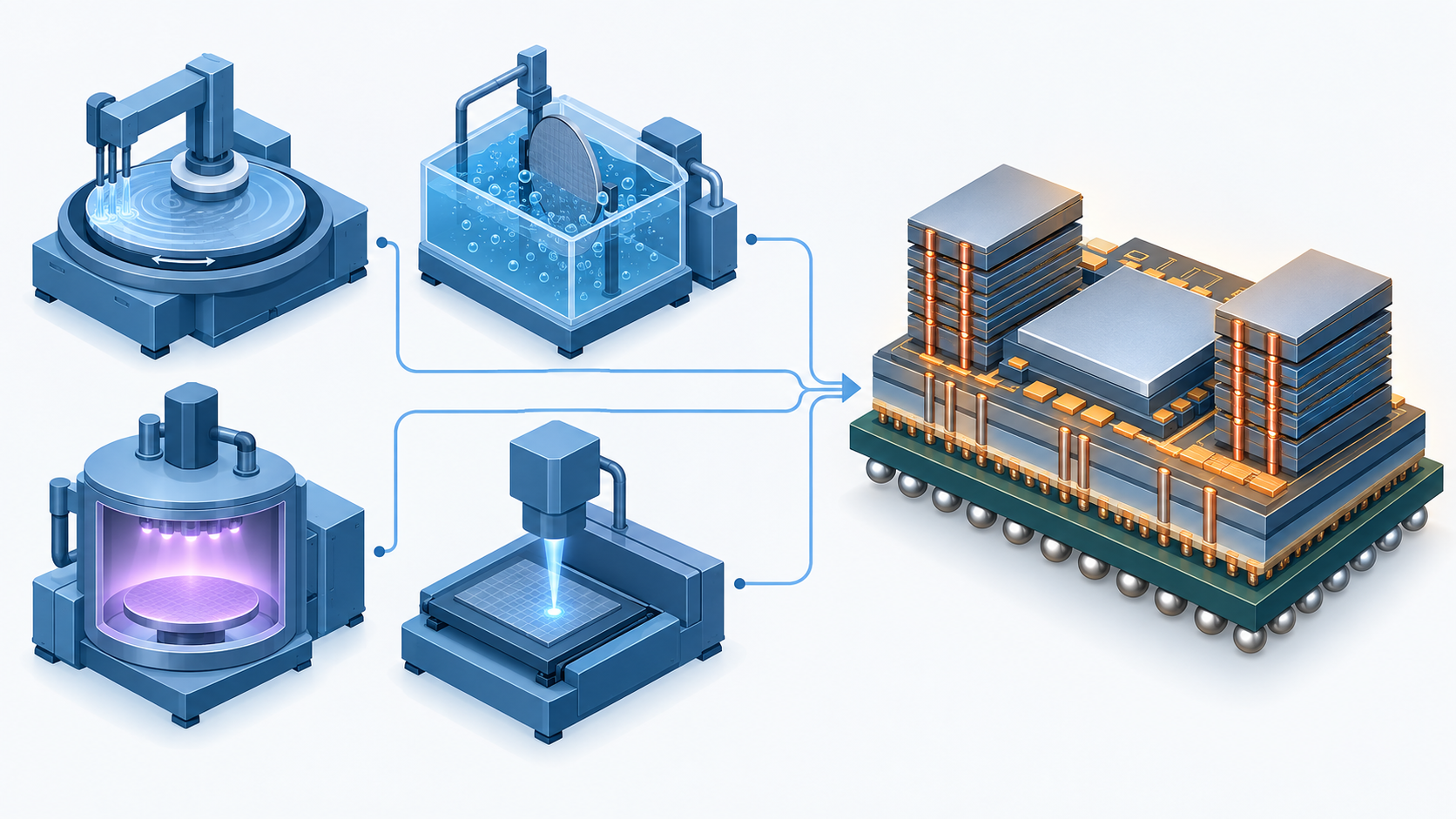 Concept diagram showing deposition, polishing, plating and inspection technologies raised in the front end being applied to back-end stacked structures (AI-generated concept image)