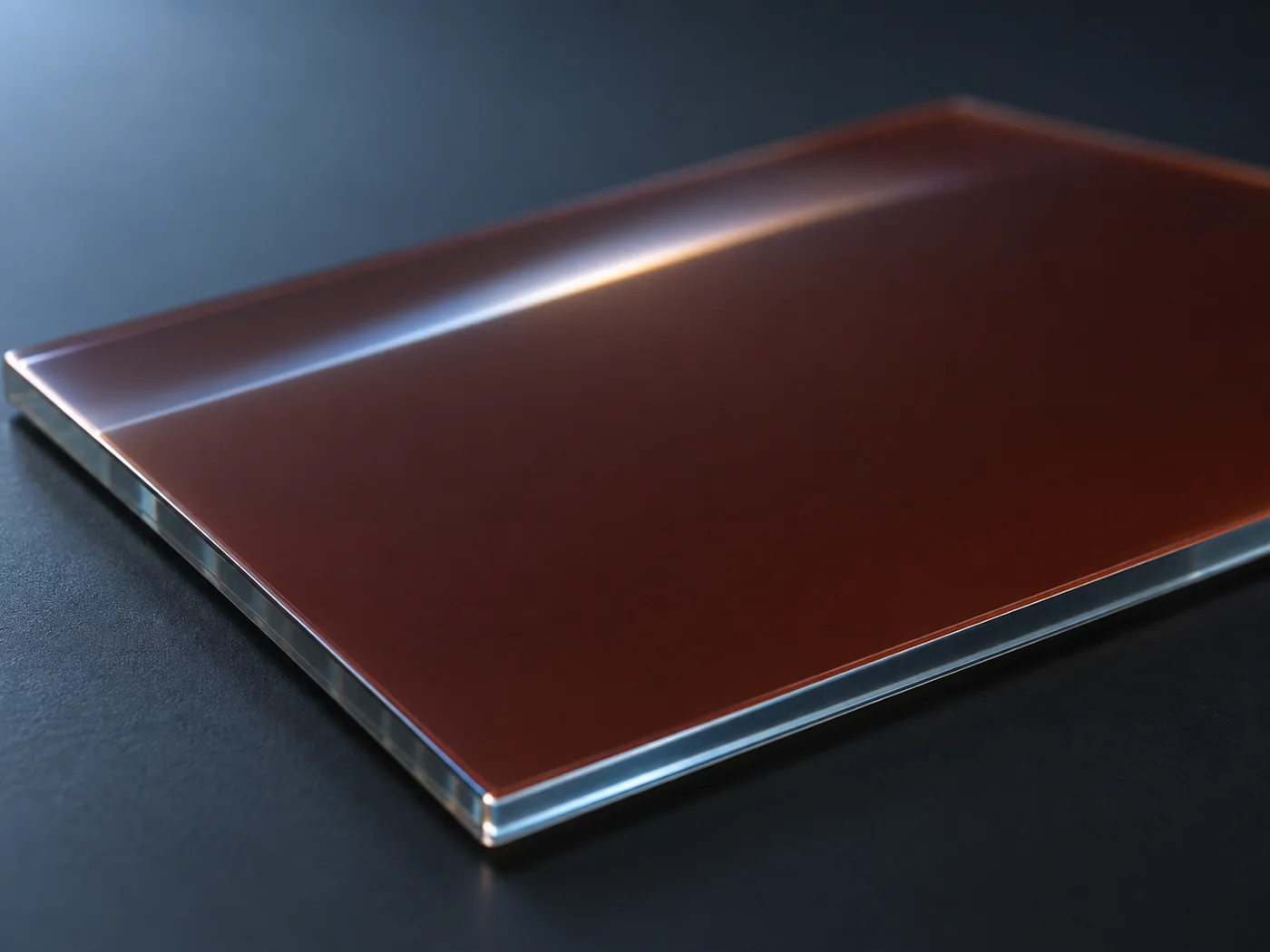 Conceptual image of a glass plate with a dark thin film against a dark background, evenly overlaid with a very thin transparent film that catches a single streak of light