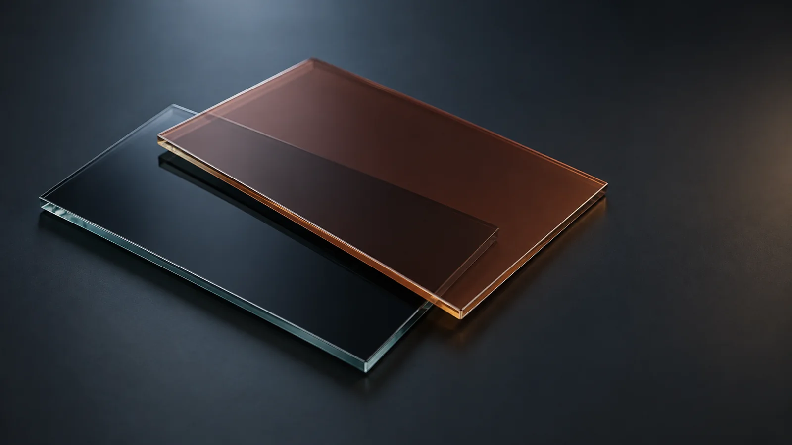 Conceptual image of two plain glass plates, one with a reddish-brown thin film and one with a near-black film, stacked slightly offset against a dark background