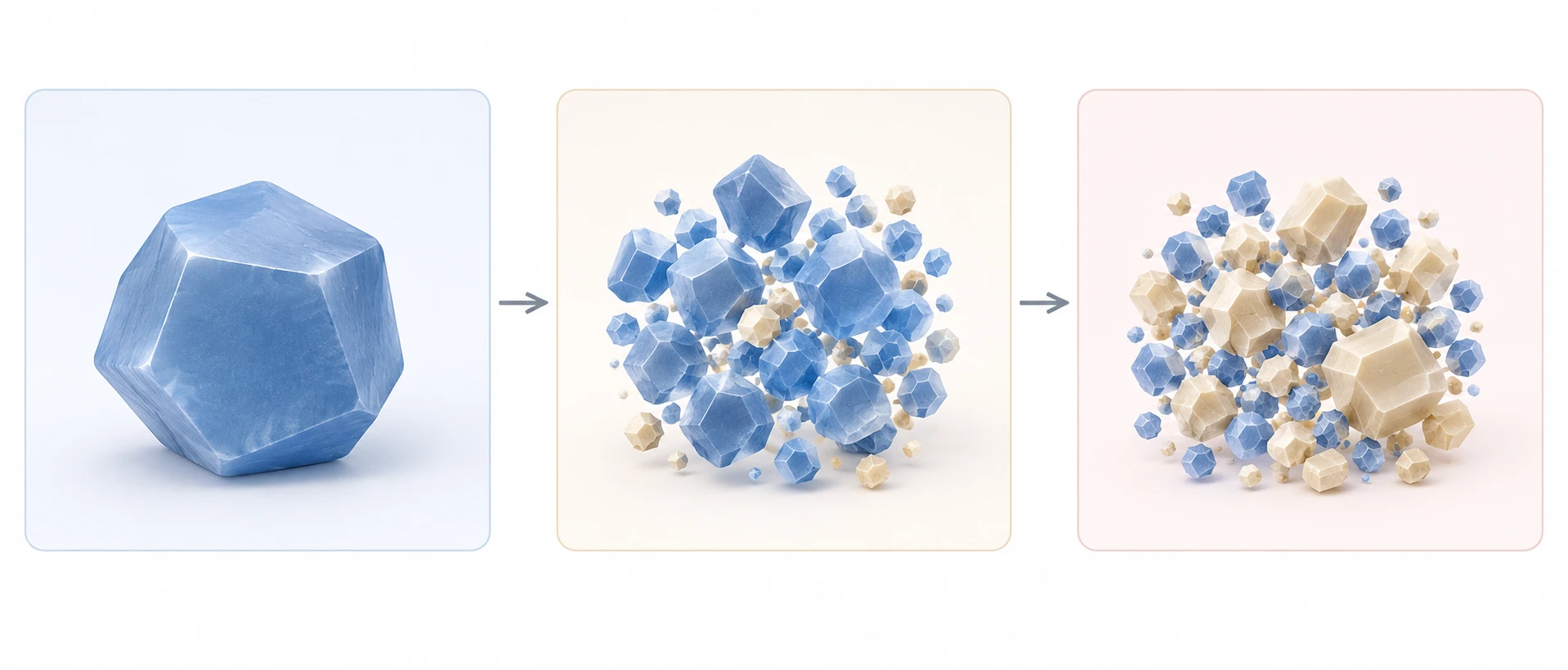 Three-stage concept showing argyrodite before degradation, after one hour at minus 20 degrees Celsius dew point, and after 24 hours