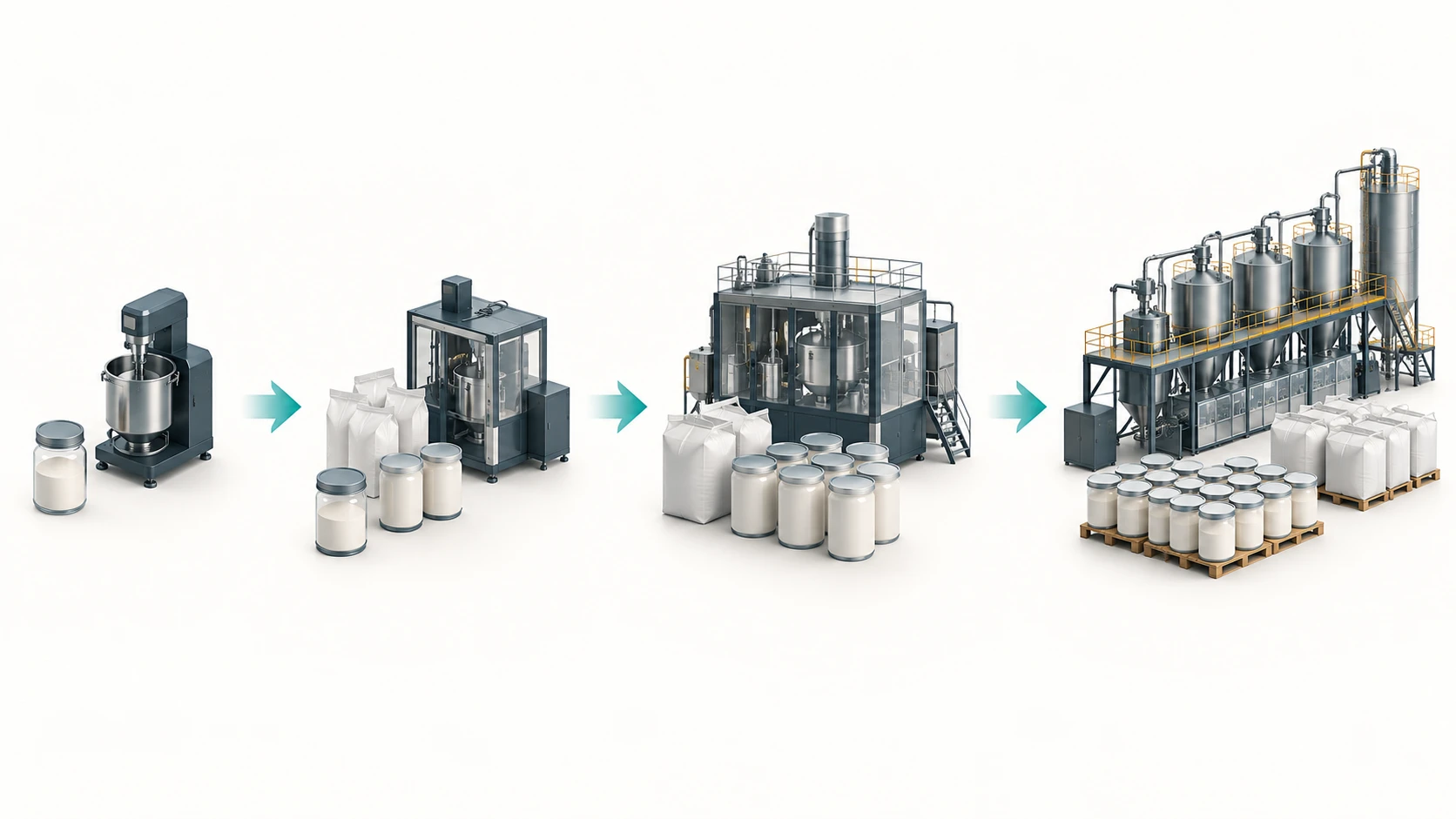 Concept illustration progressing from a small pilot unit to sample supply, expanded capacity and planned mass-production equipment