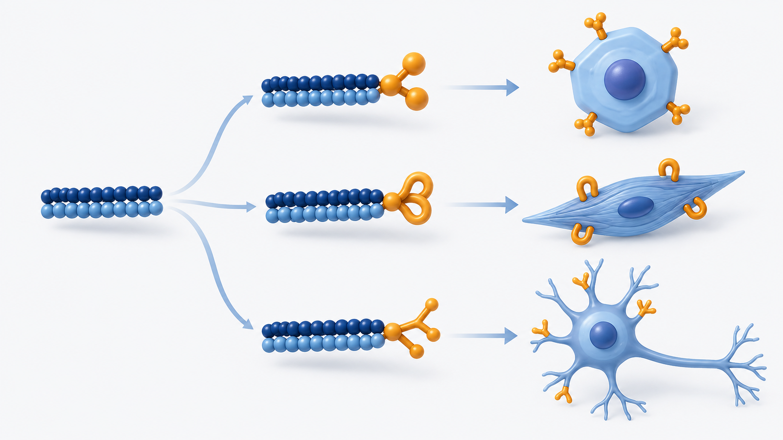 Conceptual diagram: A small ligand that is different from tissue to two chains of RNA is replaced and delivered to cells of the liver, muscle, and brain.