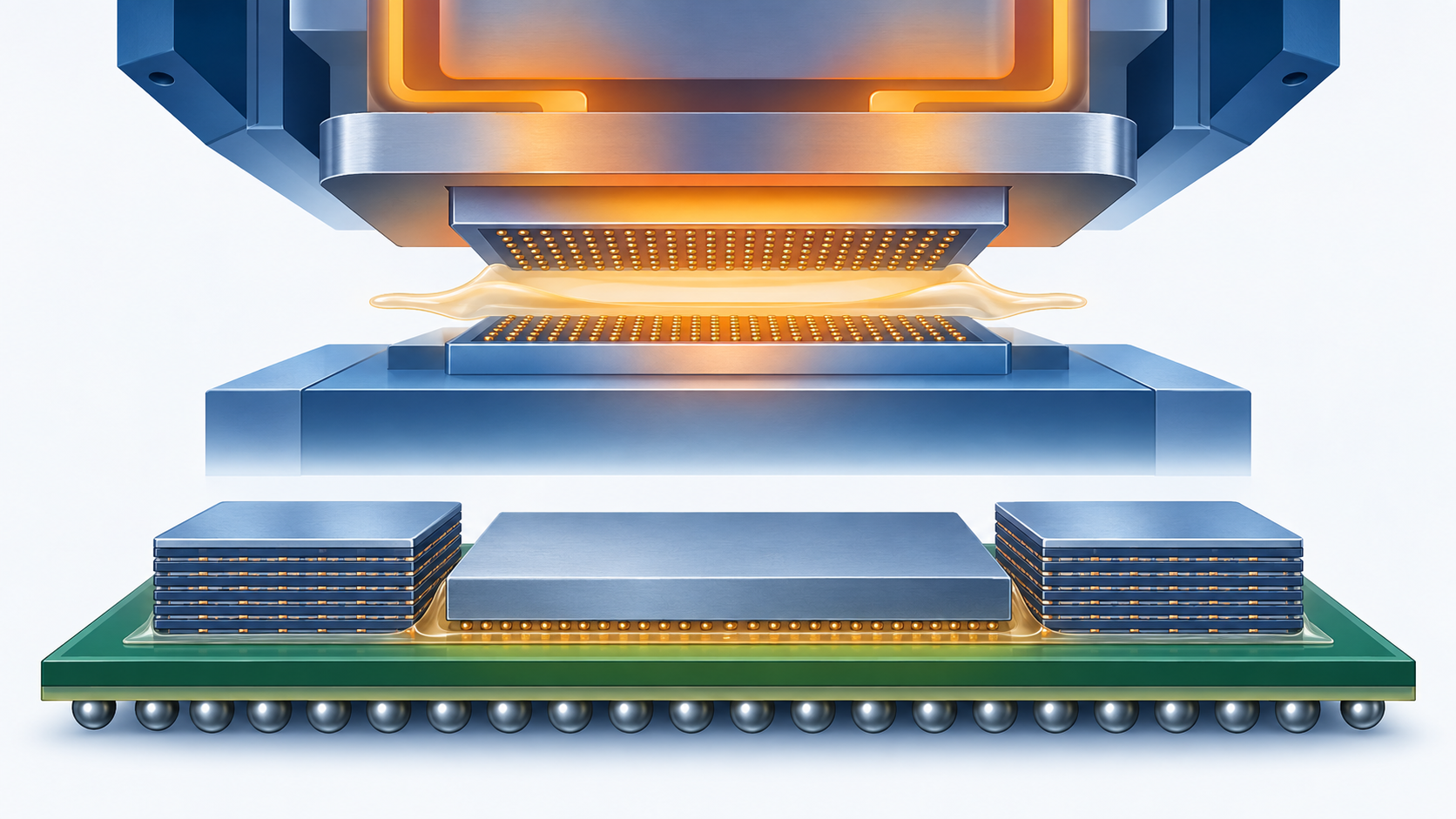 Concept diagram of a bond head pressing a die onto a substrate while heating it (AI-generated concept image)