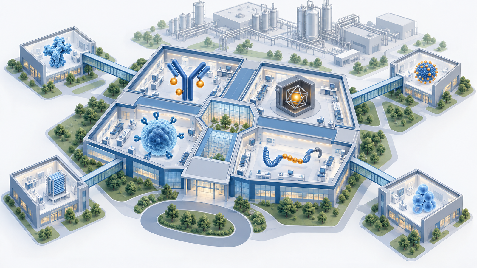 Conceptual diagram: A research building of modalities that differ from ADC, radioactive medicine, cell therapy, and nucleic acid is arranged in one pharmaceutical company.