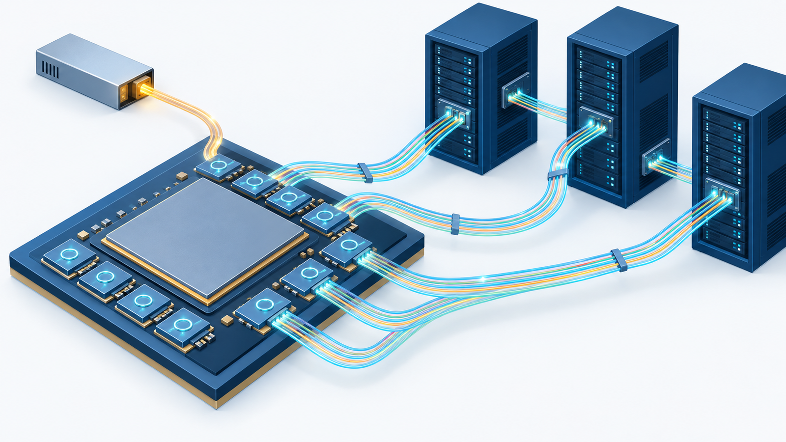 Concept diagram: small optical chips lined up along the edge of a GPU package, fed by an external light source, with GPUs linked by light across racks