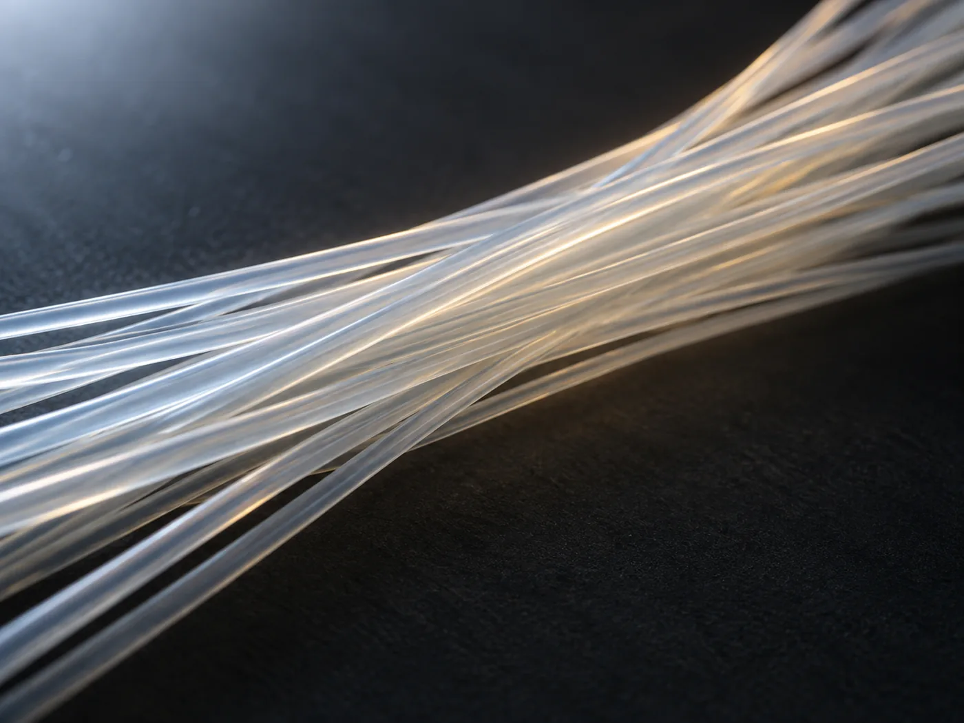 Conceptual image of many thin translucent hollow tubes loosely bundled in parallel, lying at an angle against a dark background