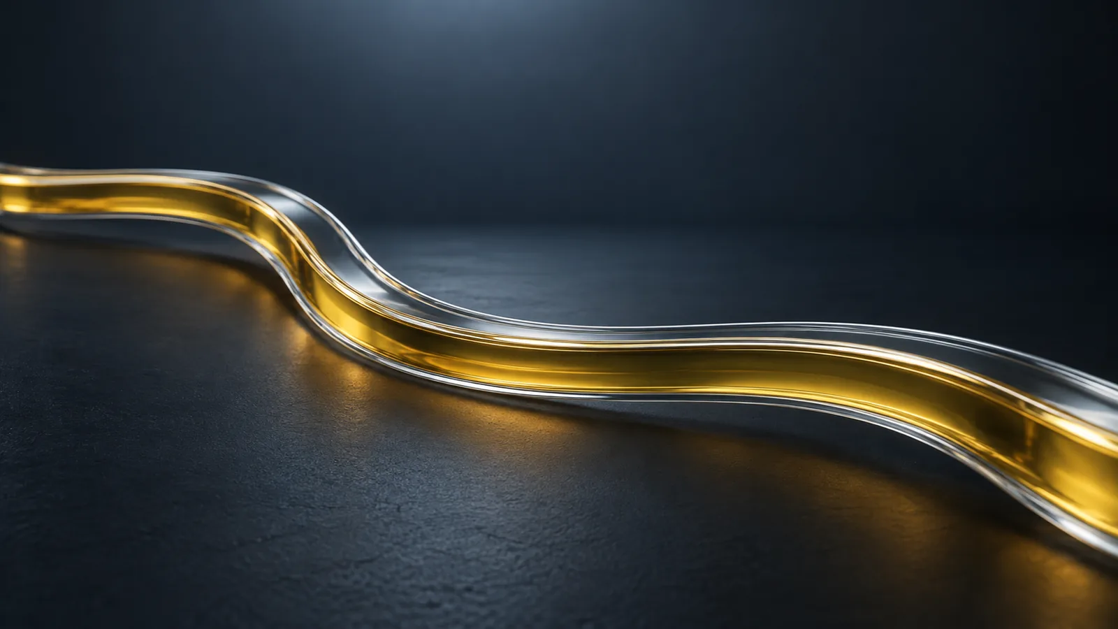 Conceptual image of a pale amber liquid flowing smoothly and without a break along a clear curved channel, against a dark background