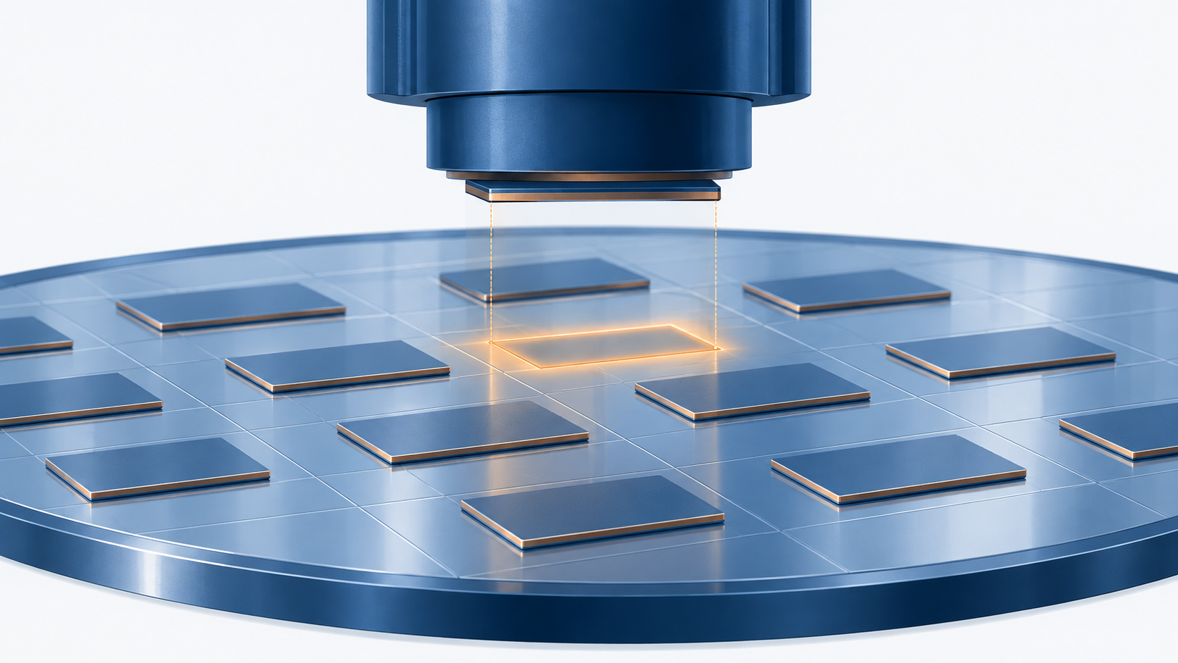 Concept diagram of a thin die being lowered precisely onto a wafer inside a tool (AI-generated concept image)