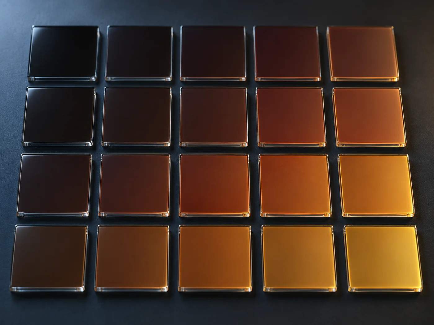 Conceptual image of plain square glass pieces laid out in a grid on a dark surface, each carrying a thin film whose colour steps from dark brown through reddish brown to orange
