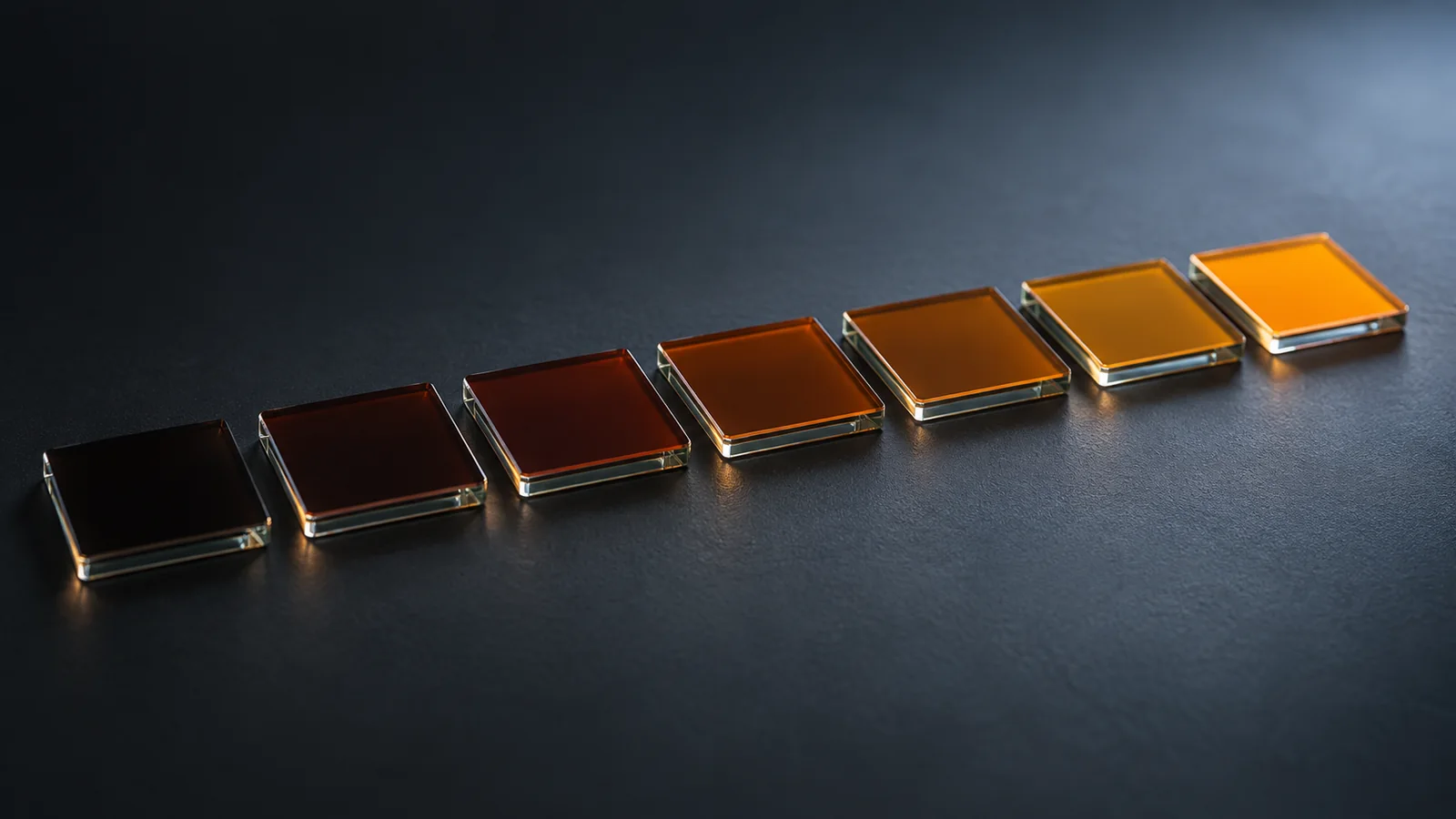 Conceptual image of a row of small plain glass pieces on a dark surface, each carrying a thin film whose colour shifts step by step from dark brown through reddish brown to orange