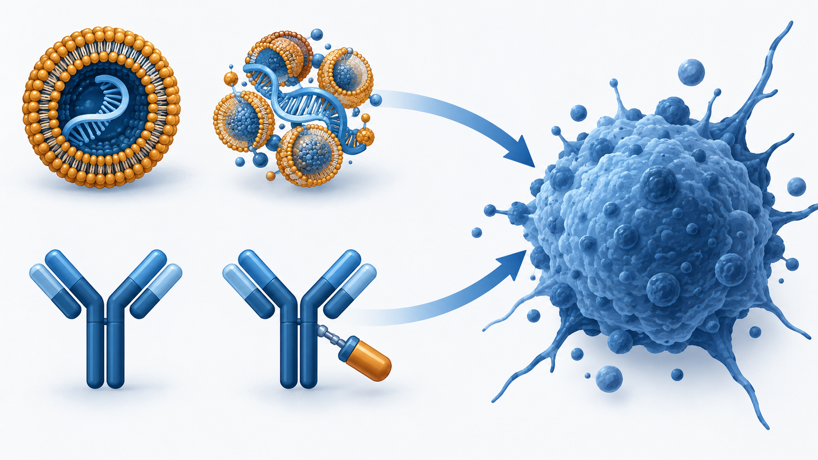 Conceptual diagram: Delivering mRNA with two types of lipid carriers (d  particles and compounds combined with membranes), and connecting with antibodies to cancer