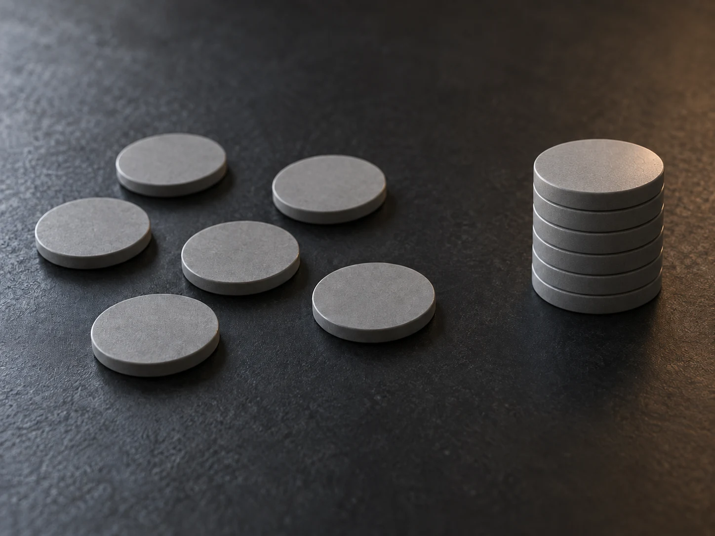 Conceptual image with thin discs lying apart on the left and the same discs stacked neatly on the right