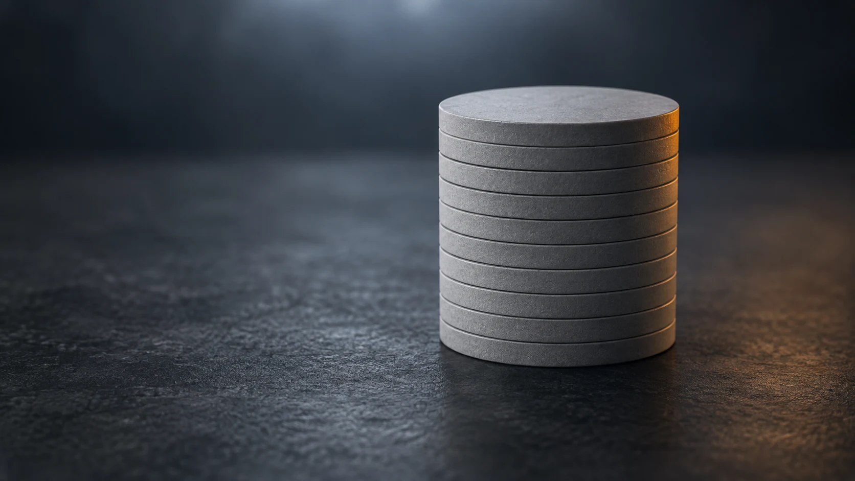 Conceptual image of thin flat discs stacked into a small tower on a dark surface