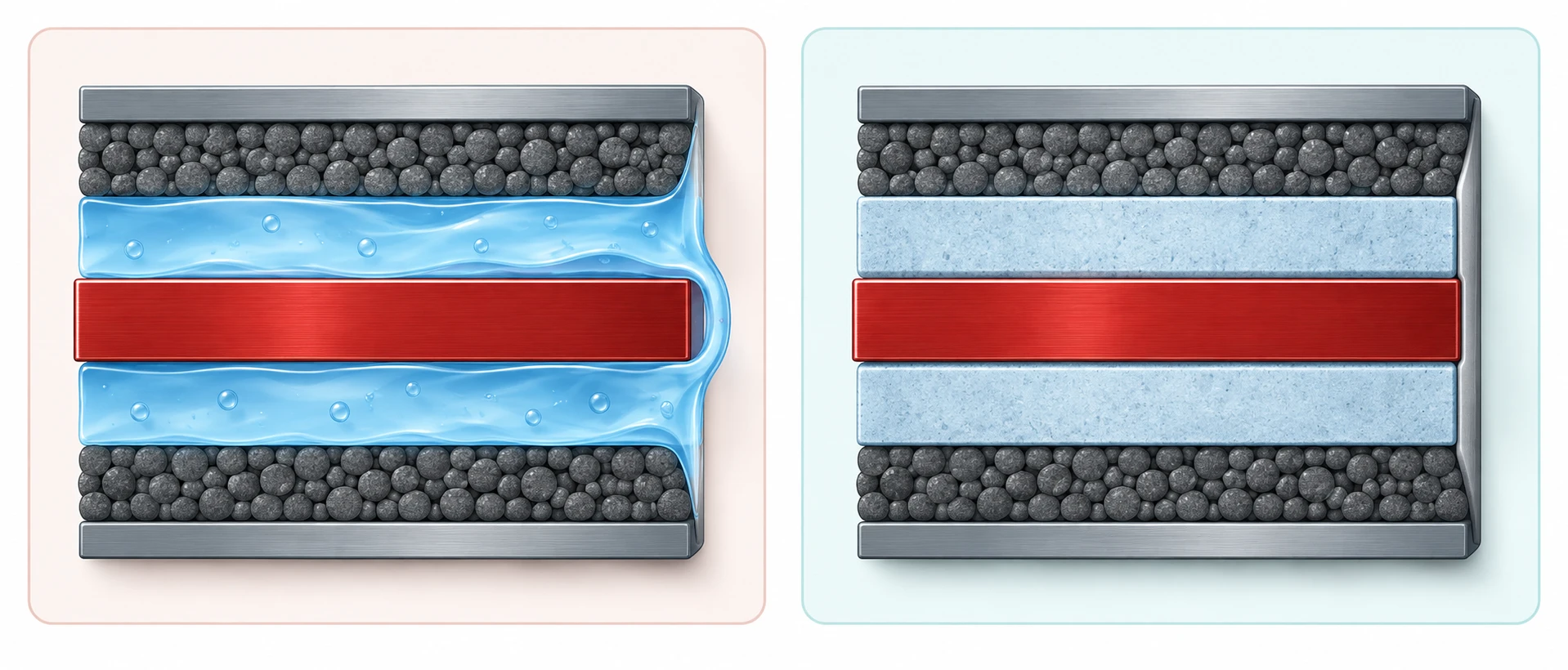 Concept comparison between liquid electrolyte creeping around a bipolar collector and a solid electrolyte remaining fixed without an external bridge path