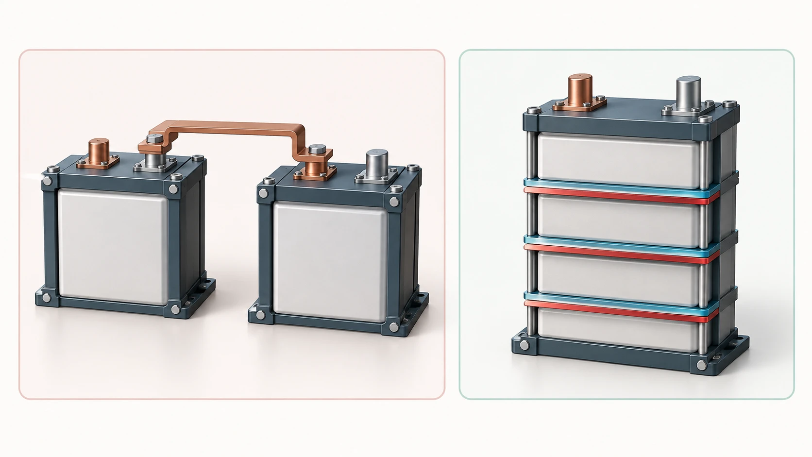 Concept comparison between separately packaged cells linked externally and a compact stack sharing bipolar collector plates