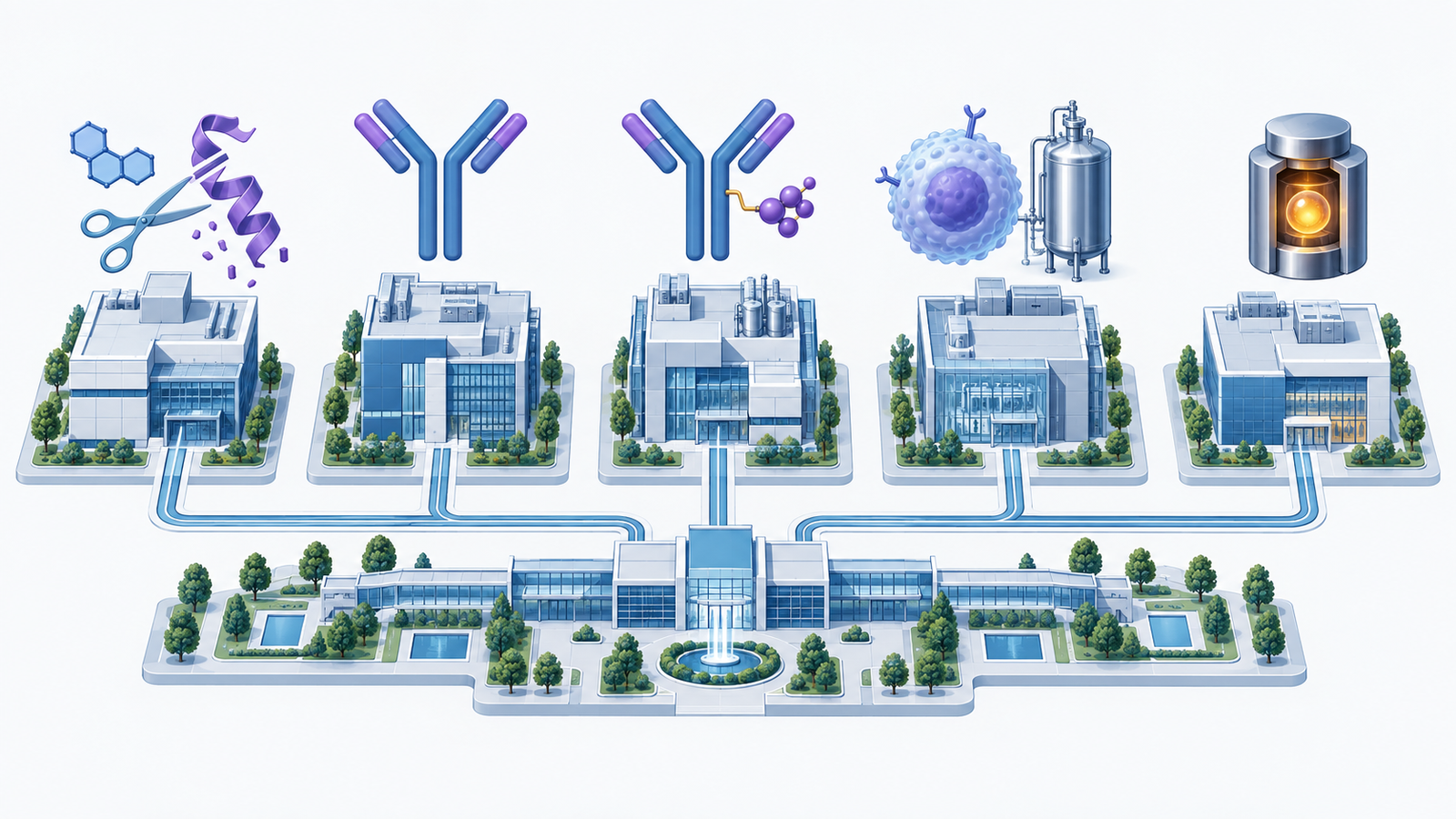 Concept diagram: 5 research foundations in one pharmaceutical company (low- , decomposition, antibody, ADC, cell therapy, radioactive drugs) and each dedicated facility