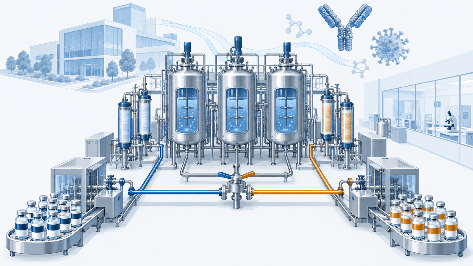 Concept diagram: Pharmaceutical companies that separate their new drugs and other contracted products using the same large cell culture facility