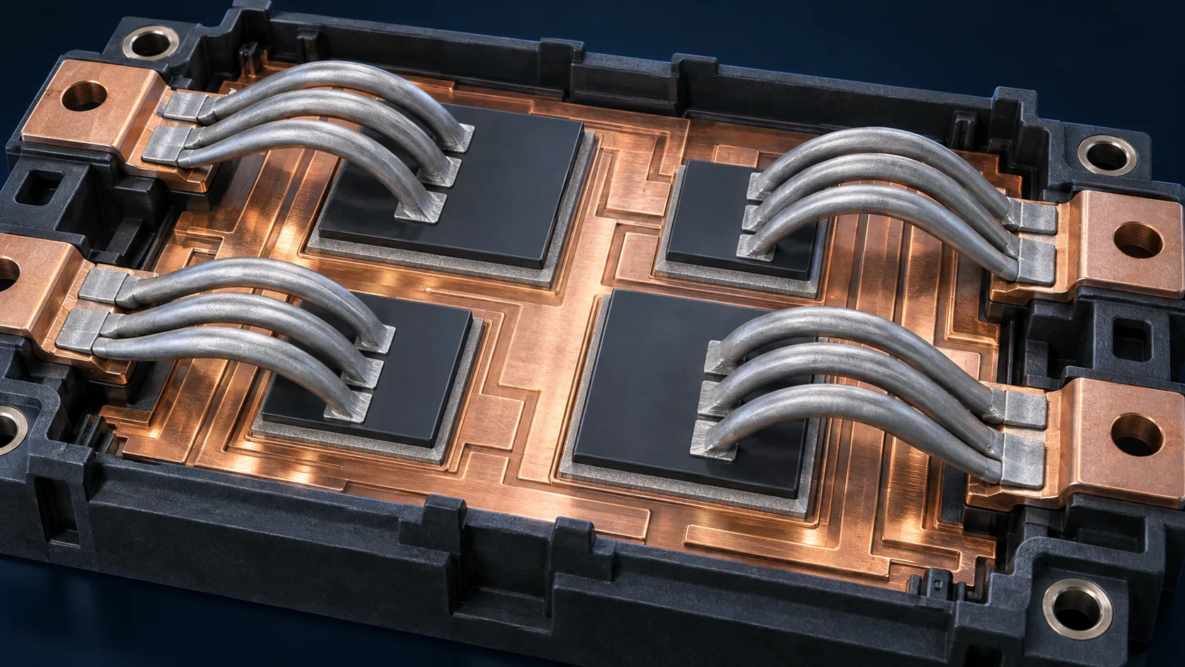 Conceptual image of the inside of a power module, with a large semiconductor chip bonded to a metal substrate and several thick aluminium wires arching across it