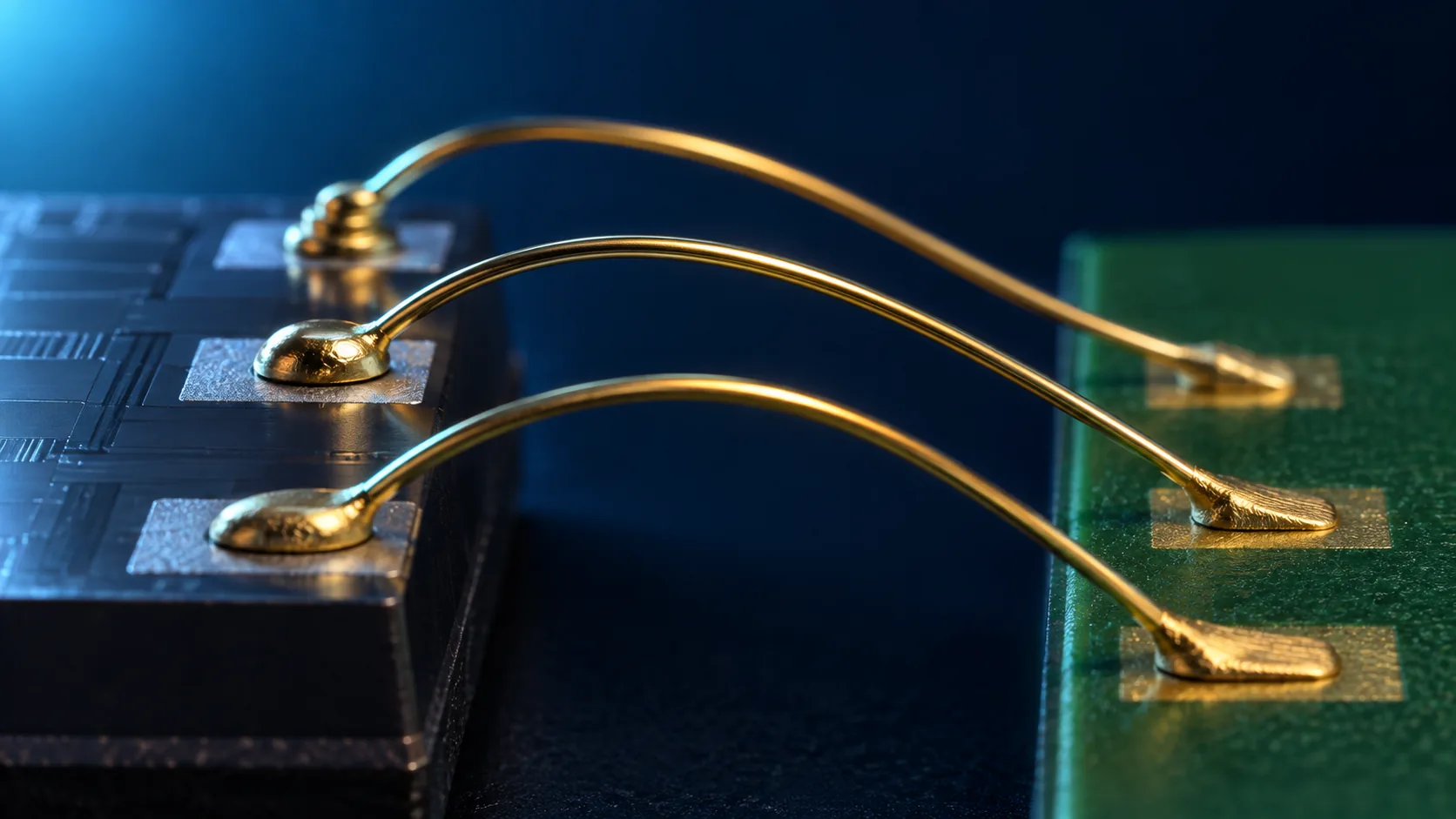 Magnified conceptual image of many fine gold wires arching from electrodes along the edge of a semiconductor chip down to the substrate