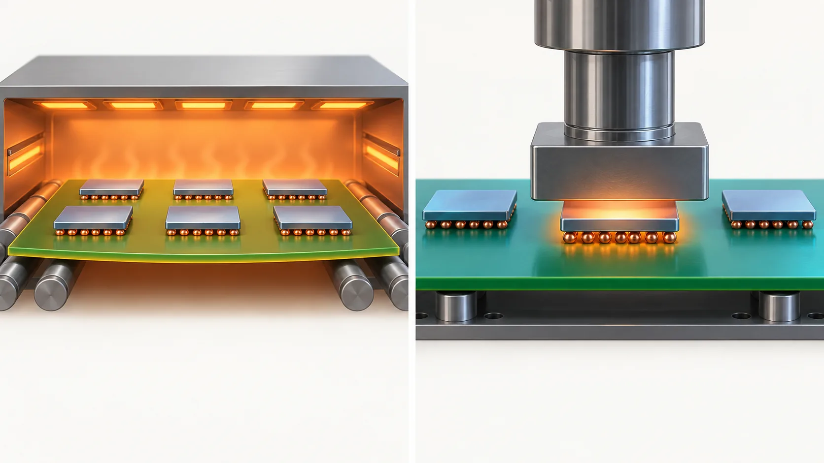 Conceptual illustration of Comparison of mass reflow and thermocompression bonding