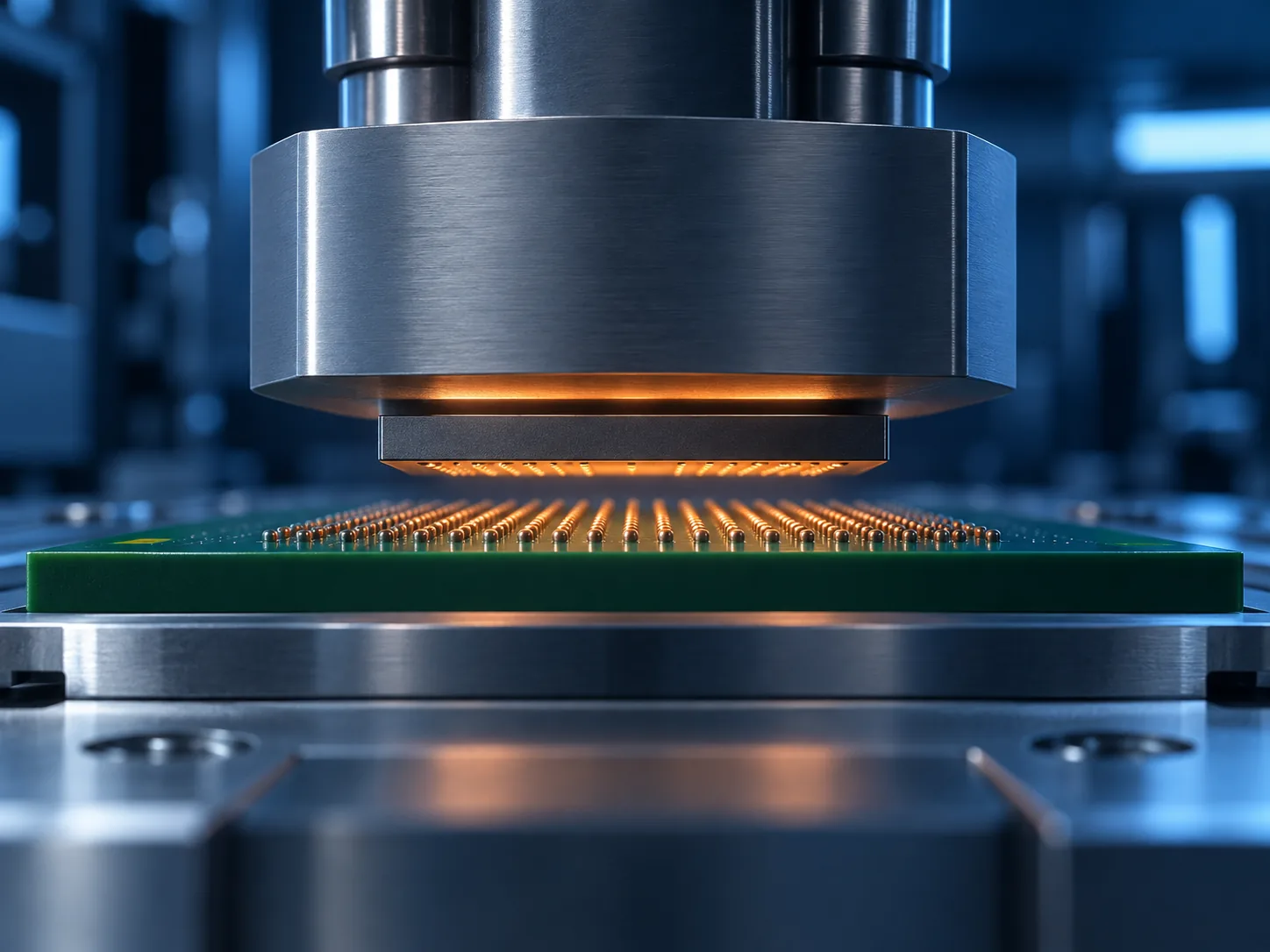 Conceptual image of a machine bond head holding a thin semiconductor chip by vacuum and lowering it precisely onto a substrate