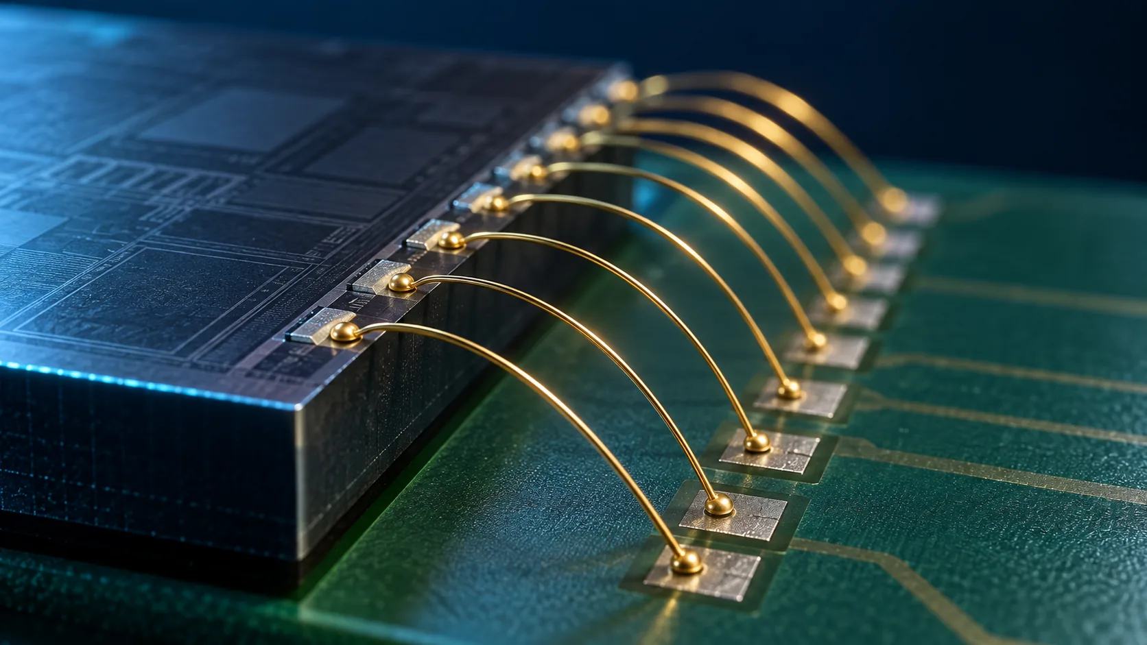 Magnified conceptual image of a fine metal wire arching from the electrode of a semiconductor chip across to the substrate