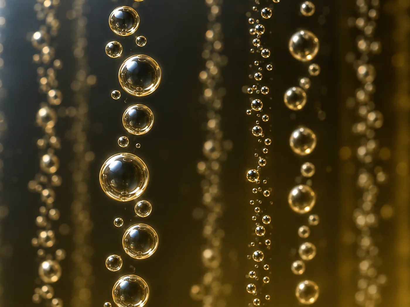 Conceptual image of round bubbles of various sizes rising straight up through clear, pale amber liquid against a dark background