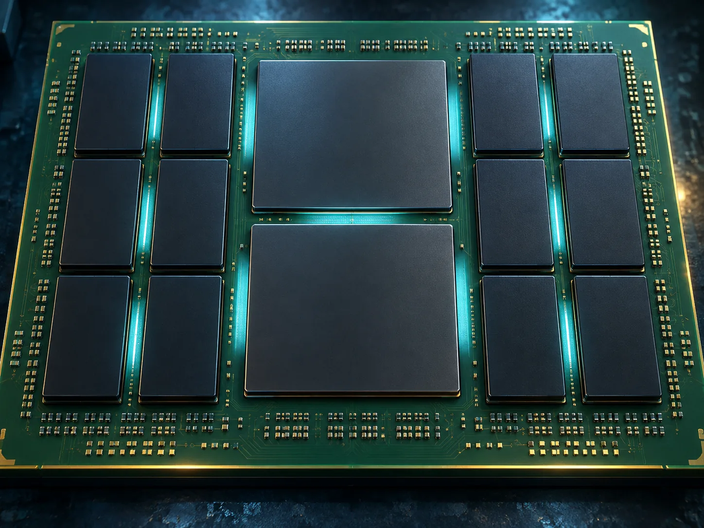 Conceptual image of several rectangular chips arranged on a large substrate with narrow strips linking them