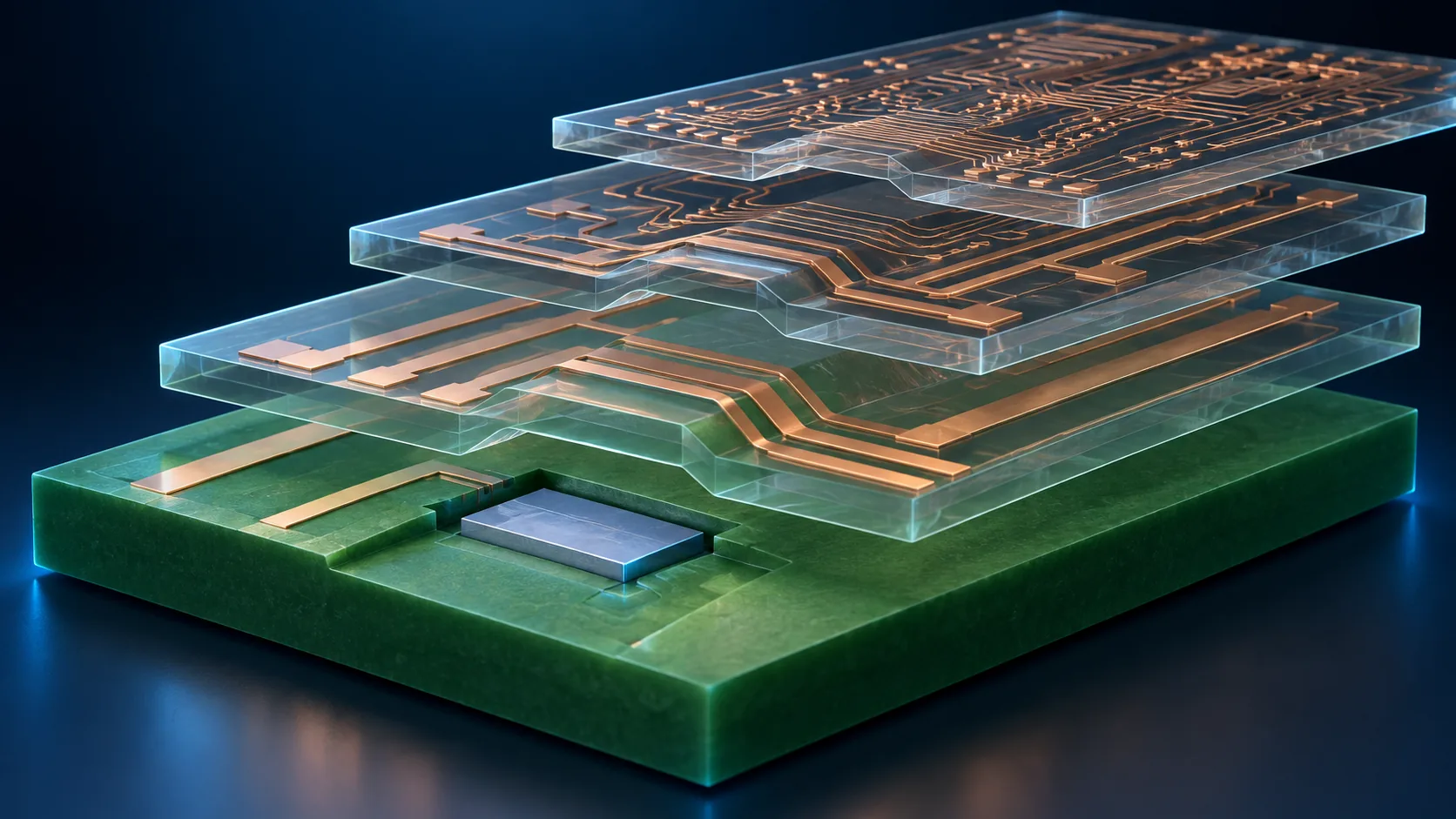 Conceptual image of thin dielectric layers and copper wiring being stacked over a silicon die embedded in a substrate