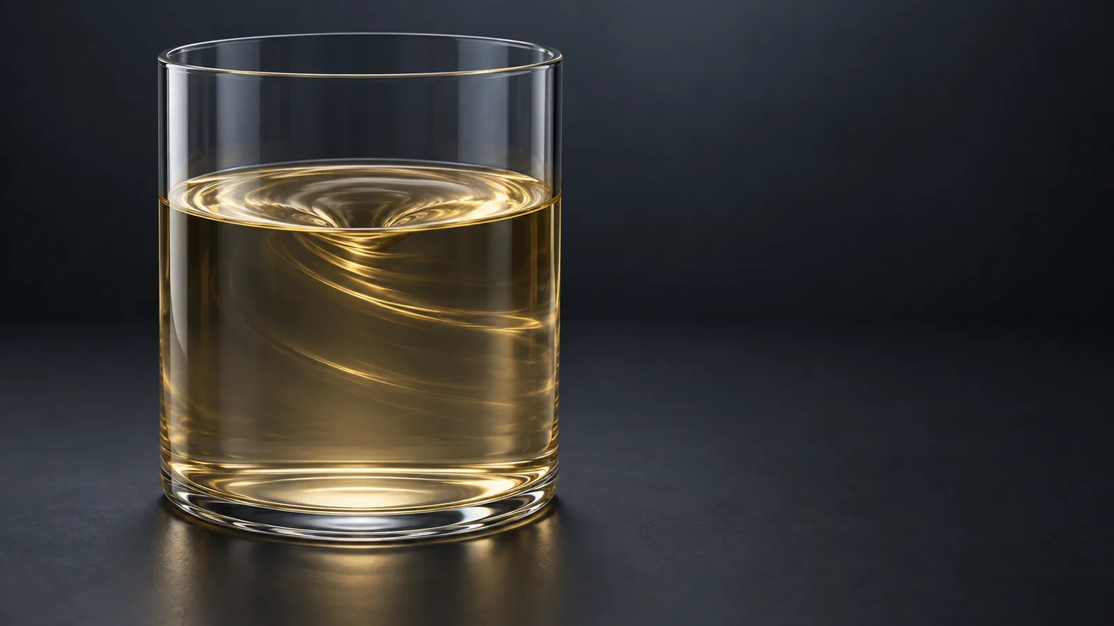 Conceptual image of pale amber liquid swirling slowly inside a plain, clear cylindrical vessel against a dark background