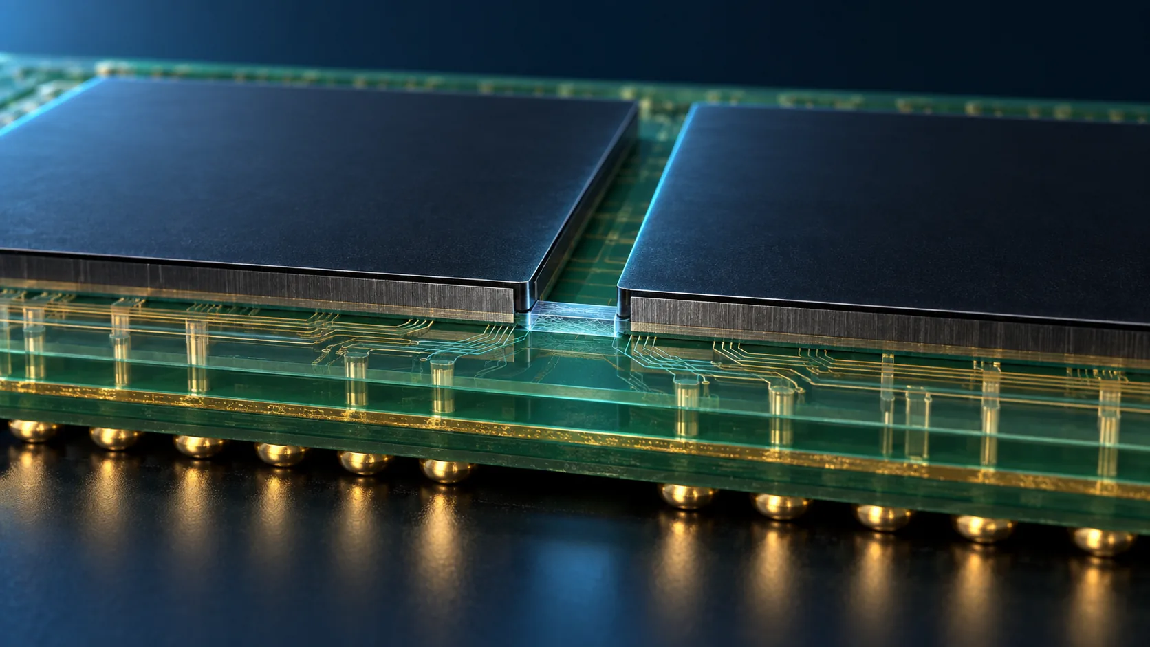 Conceptual image of a small silicon plate embedded inside a package substrate with two chips straddling it