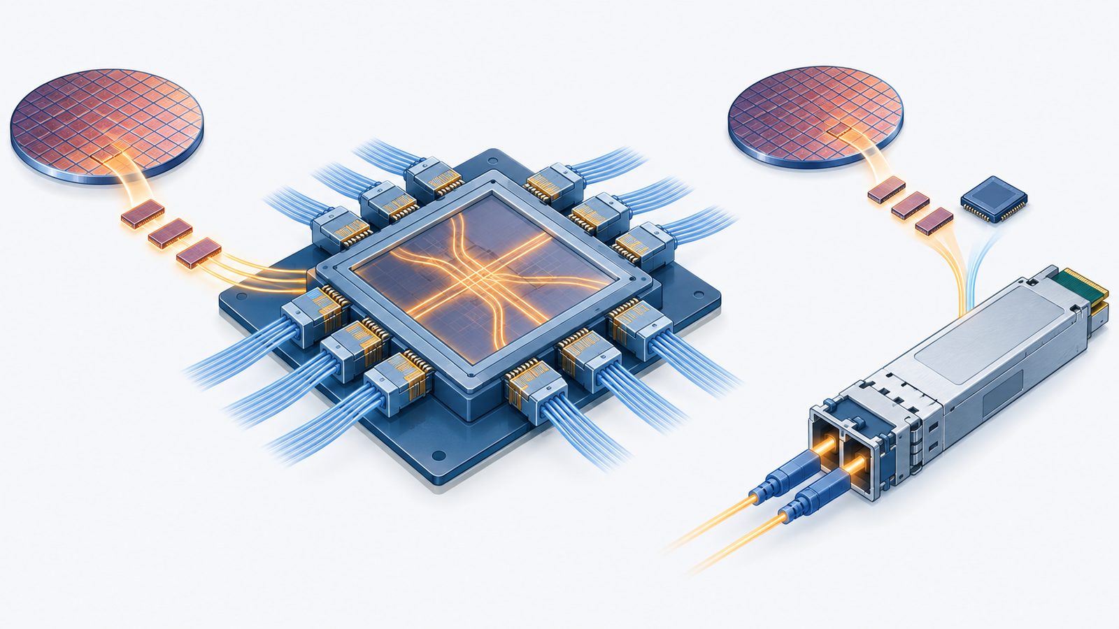 Concept diagram: a switch chip, optical engines and the compound-semiconductor wafers used to make lasers, linked in a single flow