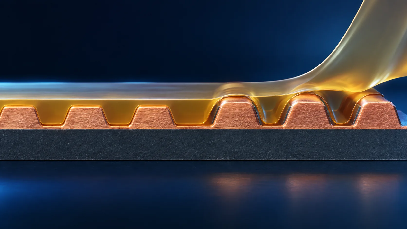 Conceptual image of an amber ultra-thin film being laminated under vacuum onto a substrate with copper traces, filling every gap in the topography