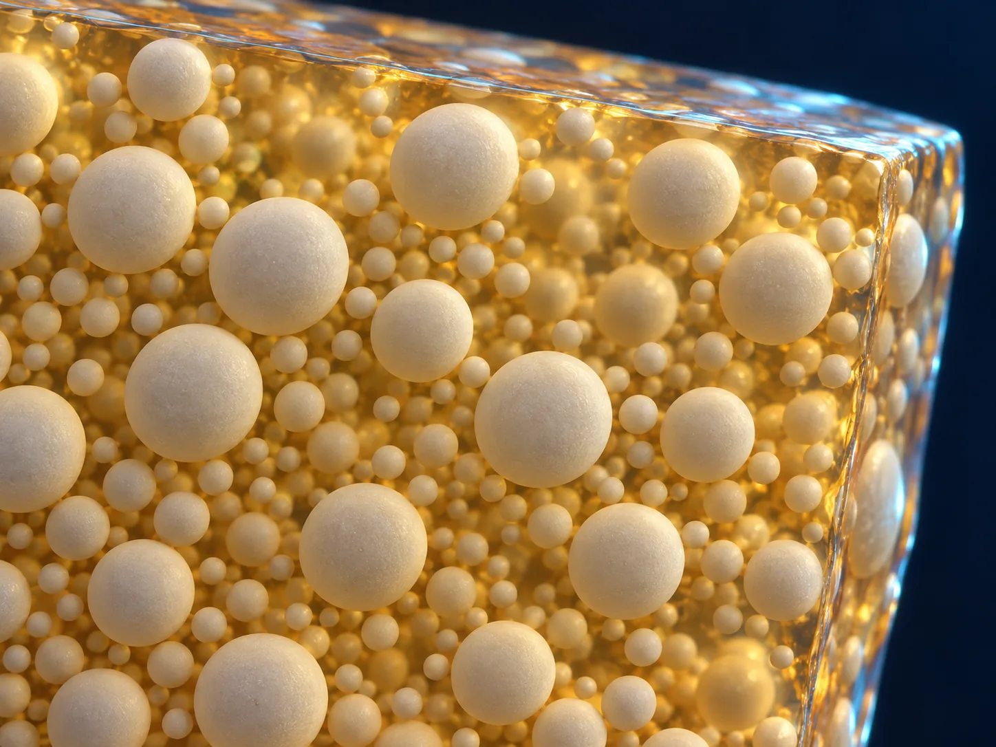 Macro conceptual image of fine inorganic filler particles densely and evenly dispersed through a transparent amber resin