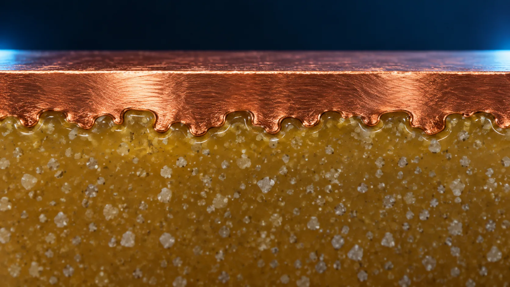 Close-up conceptual image of plated copper filling the fine texture of a roughened resin surface at the interface