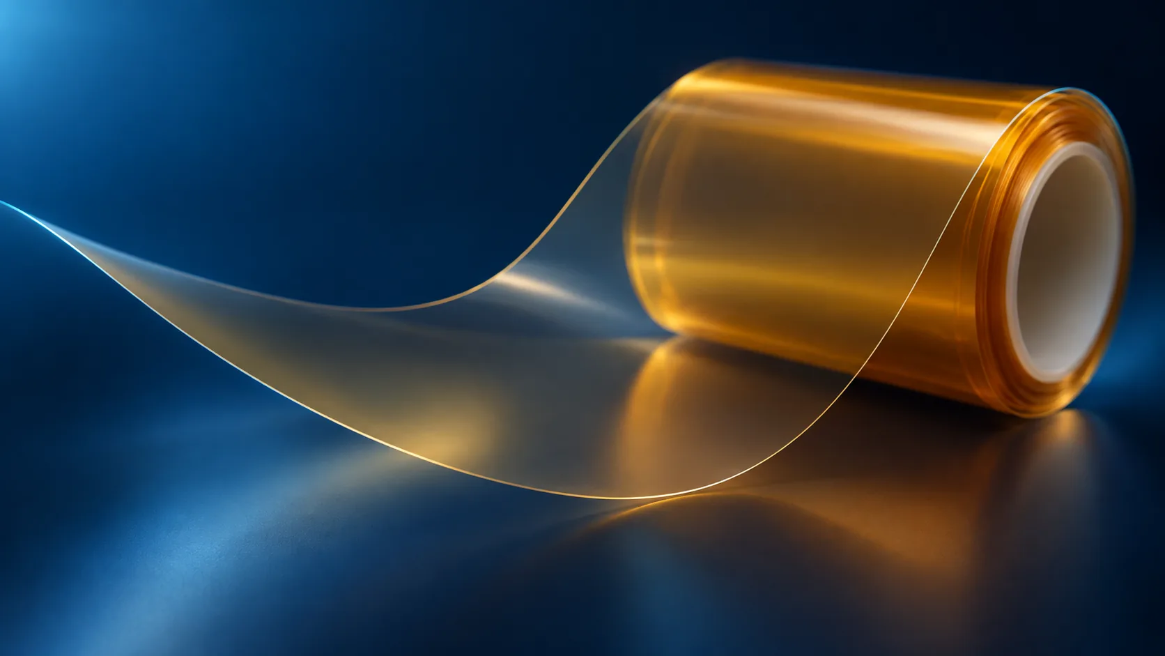 Conceptual image of a translucent amber ultra-thin film wound into a roll with one end drawn out