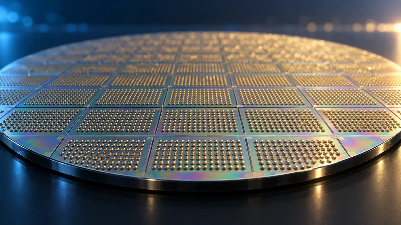 Magnified conceptual image of fine metal protrusions arranged in a regular pattern across the surface of a silicon wafer