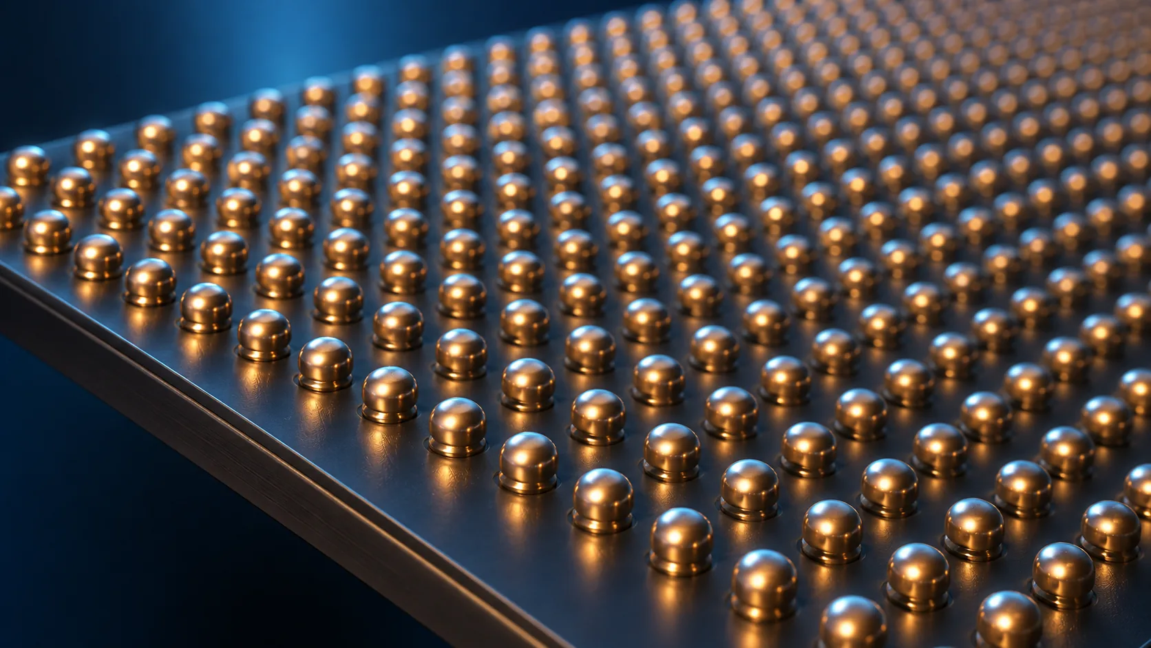 Magnified conceptual image of fine metal protrusions arranged in a grid on the underside of a semiconductor chip