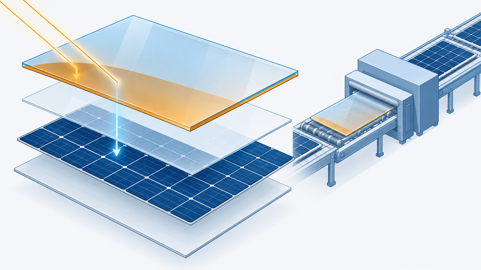 Concept diagram: a thin power-generating layer built into the front glass of a solar module, generating power together with the silicon cells beneath it in two layers
