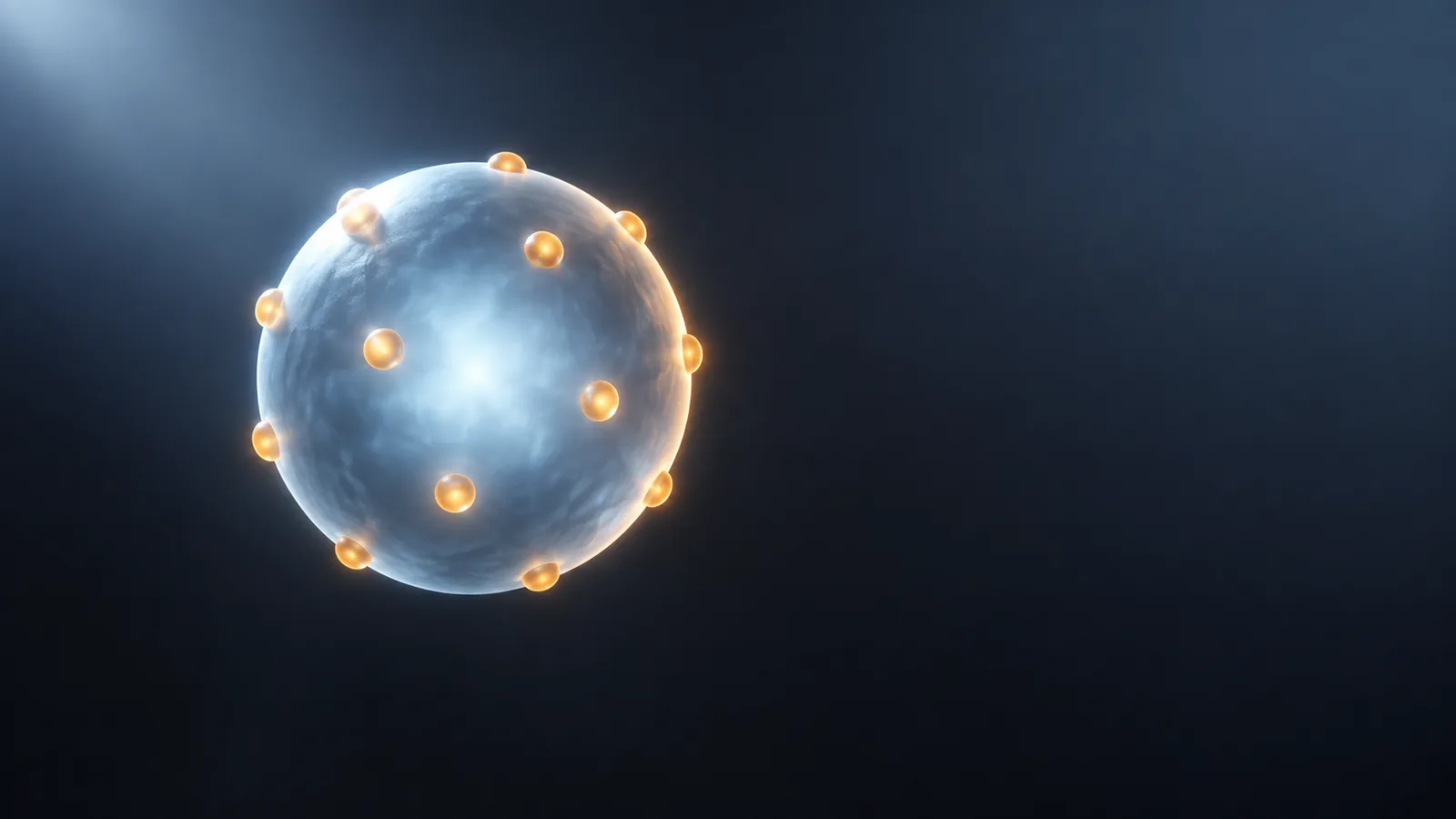 Abstract conceptual image of a single smooth translucent sphere with rows of small projections on its surface, floating against a dark background